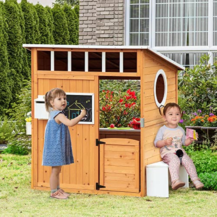 Casa de juegos de madera para  - Kids Outdoor Playhouse reseña y precio